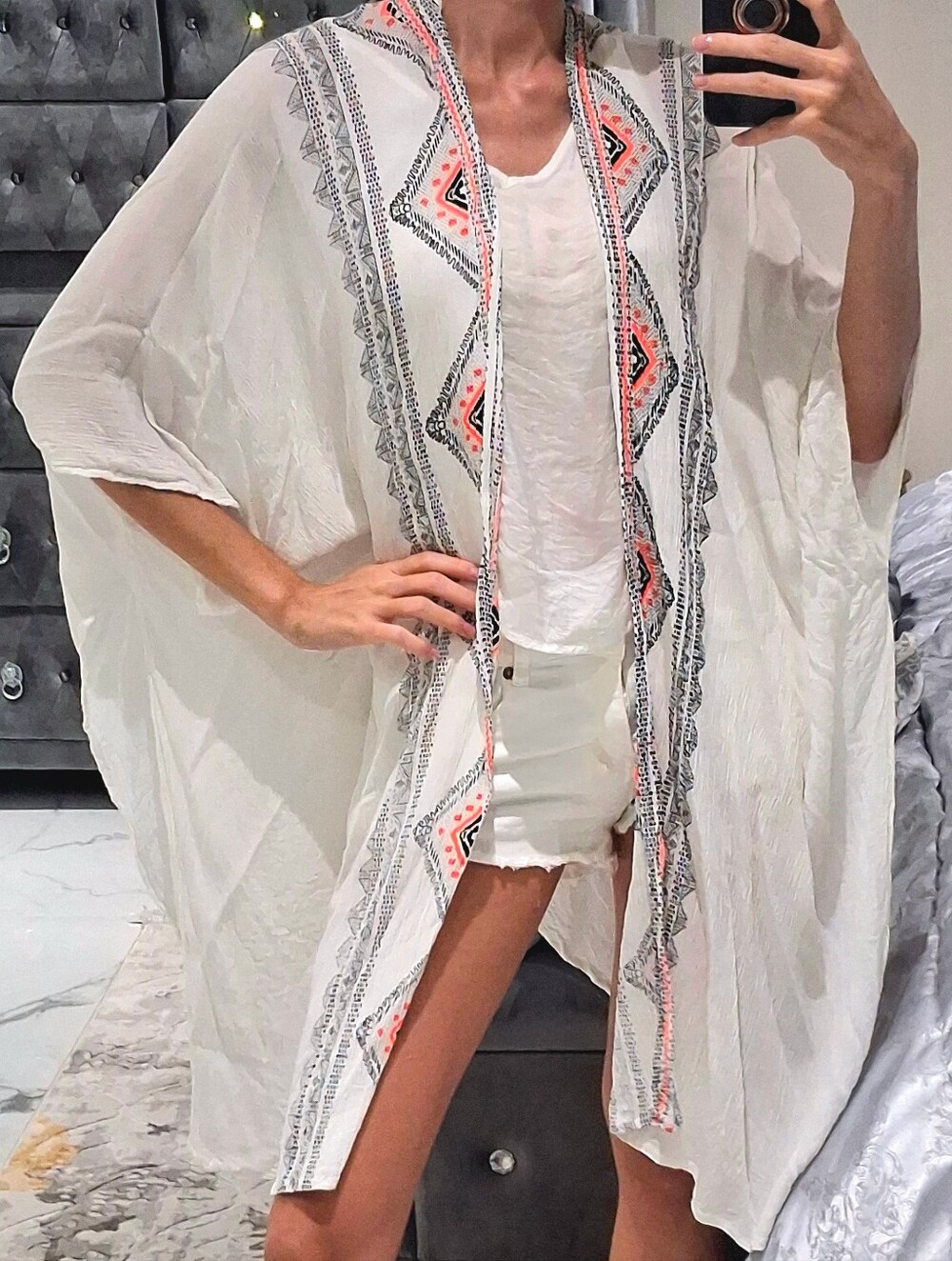 Boho Kimono White Coral Aztec Print Viscose Duster One Size